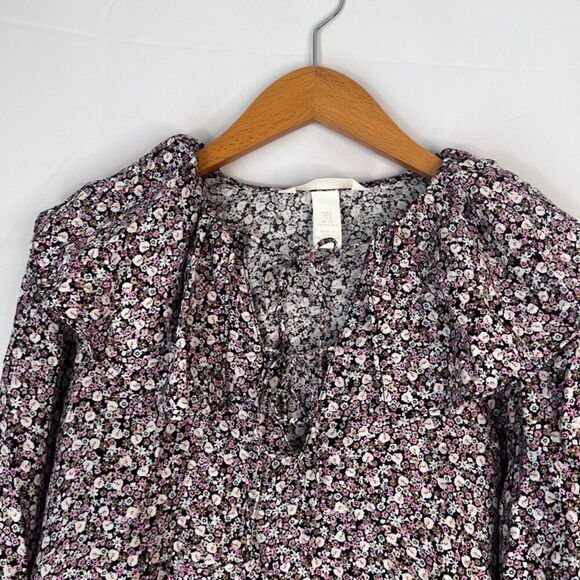 H&M Floral Print Ruffle Collar Tie Neck Long Sleeve Peasant Blouse Size Small - Picture 3 of 9